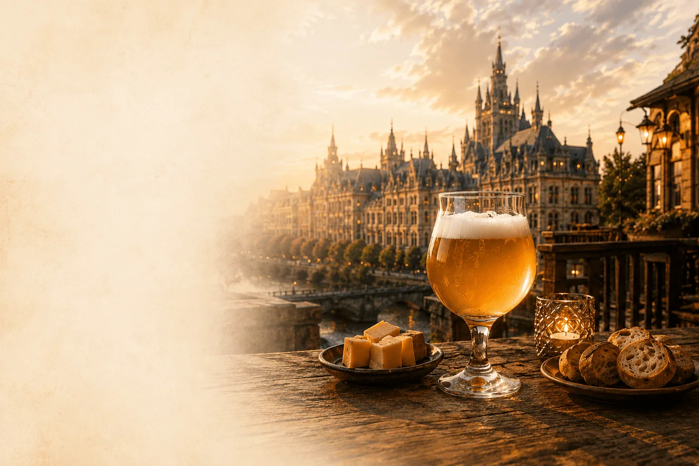 Belgian sunset cathedral with Jolly Monks goblet, cheese and bread